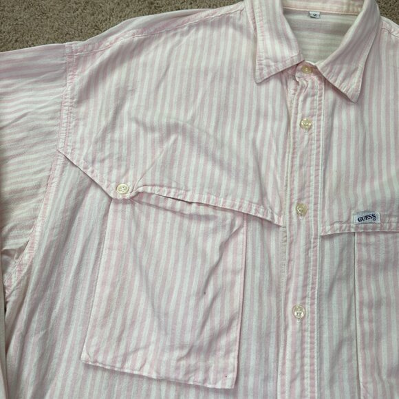 Vintage Guess Georges Marciano Button Up Shirt Womens Pink Striped Oversized 2 - Picture 8 of 11